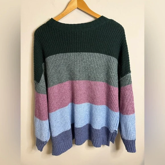 American Eagle Knit Colorblock Green Blue Oversized Long Sleeve Sweater - Picture 6 of 6